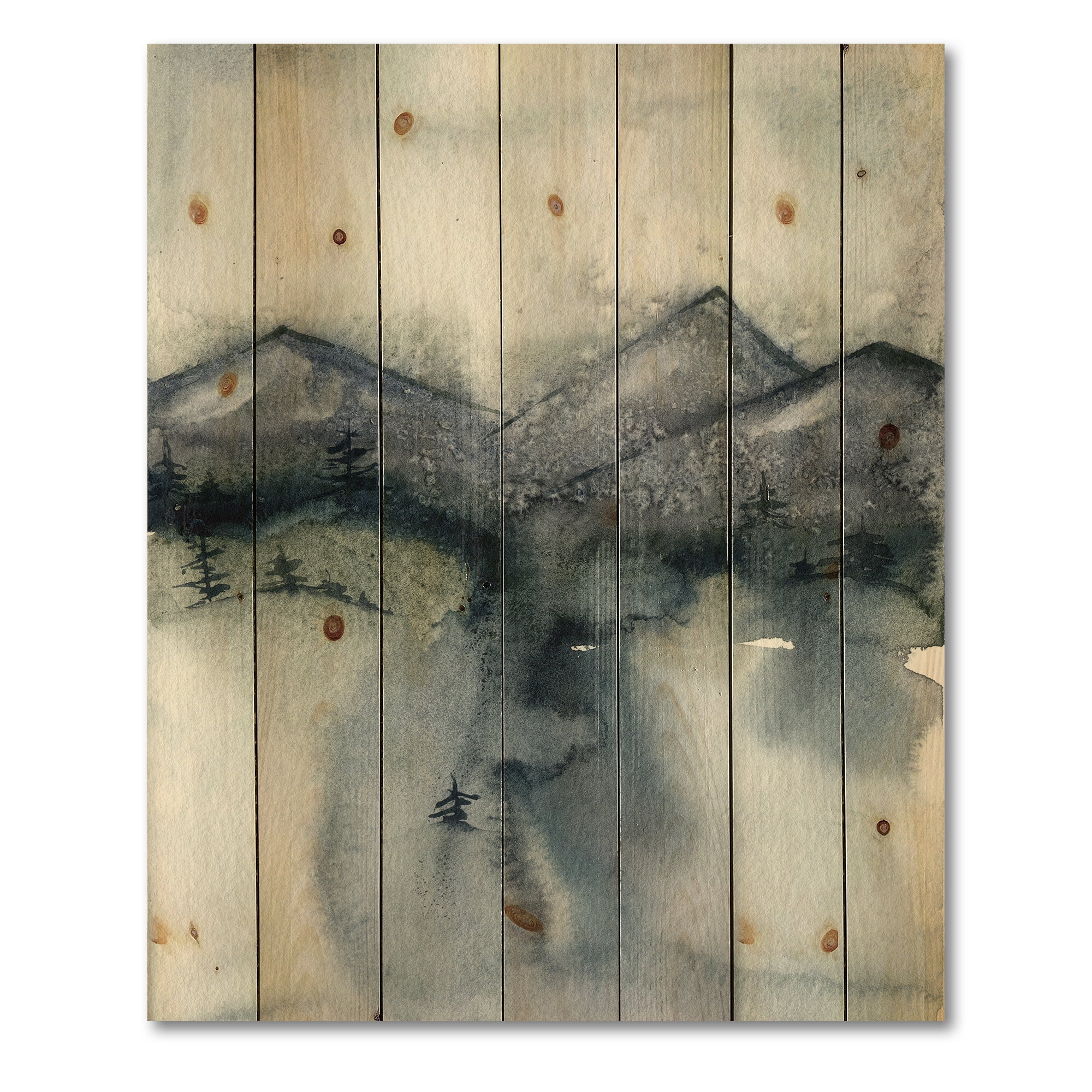 Designart 'Minimalistic Landscape of Mountains Snow and Trees' Modern Print on Natural Pine Wood