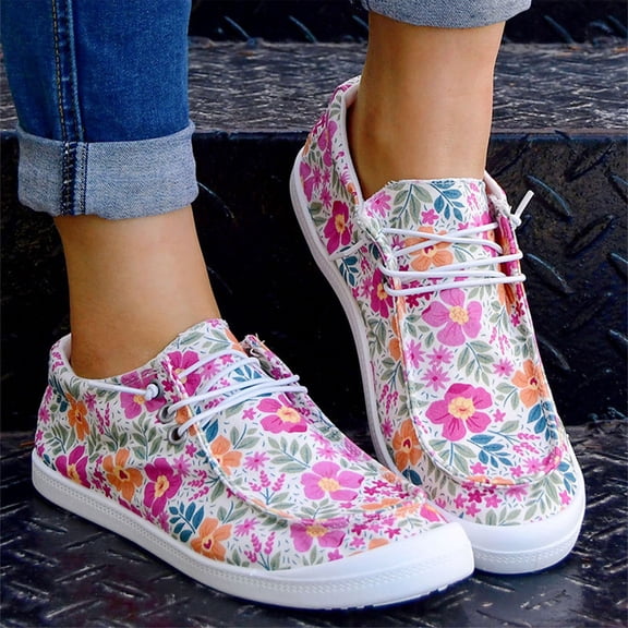 Willtoo Women's Floral Print Canvas Sneakers, Daisy Flower Low-Top Lace-Up Casual Shoes, Lightweight Comfortable Slip On Flats
