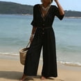 thumbnail image 5 of Wide Leg Pants Women's Fashion Solid V-Neck Short Sleeve Beach Vacation Pockets Button Long Jumpsuit Black S, 5 of 9