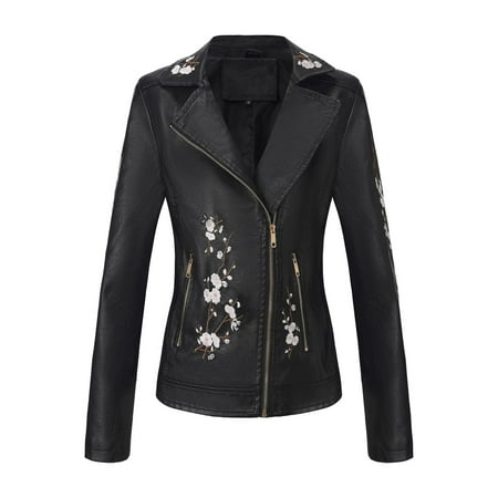 XPMWRP Women s Vintage Floral Print Embroidered Faux Soft Leather Zipper Windbreaker Lapel Coat with Double Pocket Black XXL
