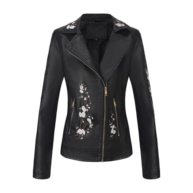 Ailaofu Women Faux Leather Jacket Studded Rivet Floral Moto Biker Coat
