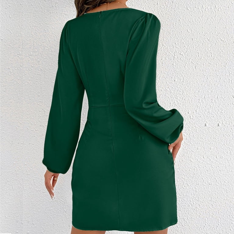 Gamivast Emerald Green Dress for Women Long Sleeve V-Neck Satin Wrap Dress Ruched Waist Cocktail Dress Elegant Mini Wedding Guest Party Date Night