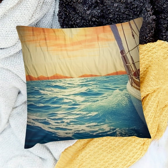 Creowell Boat Ocean Sun Square Pillow Case for Home Sofa Couch 18x18in