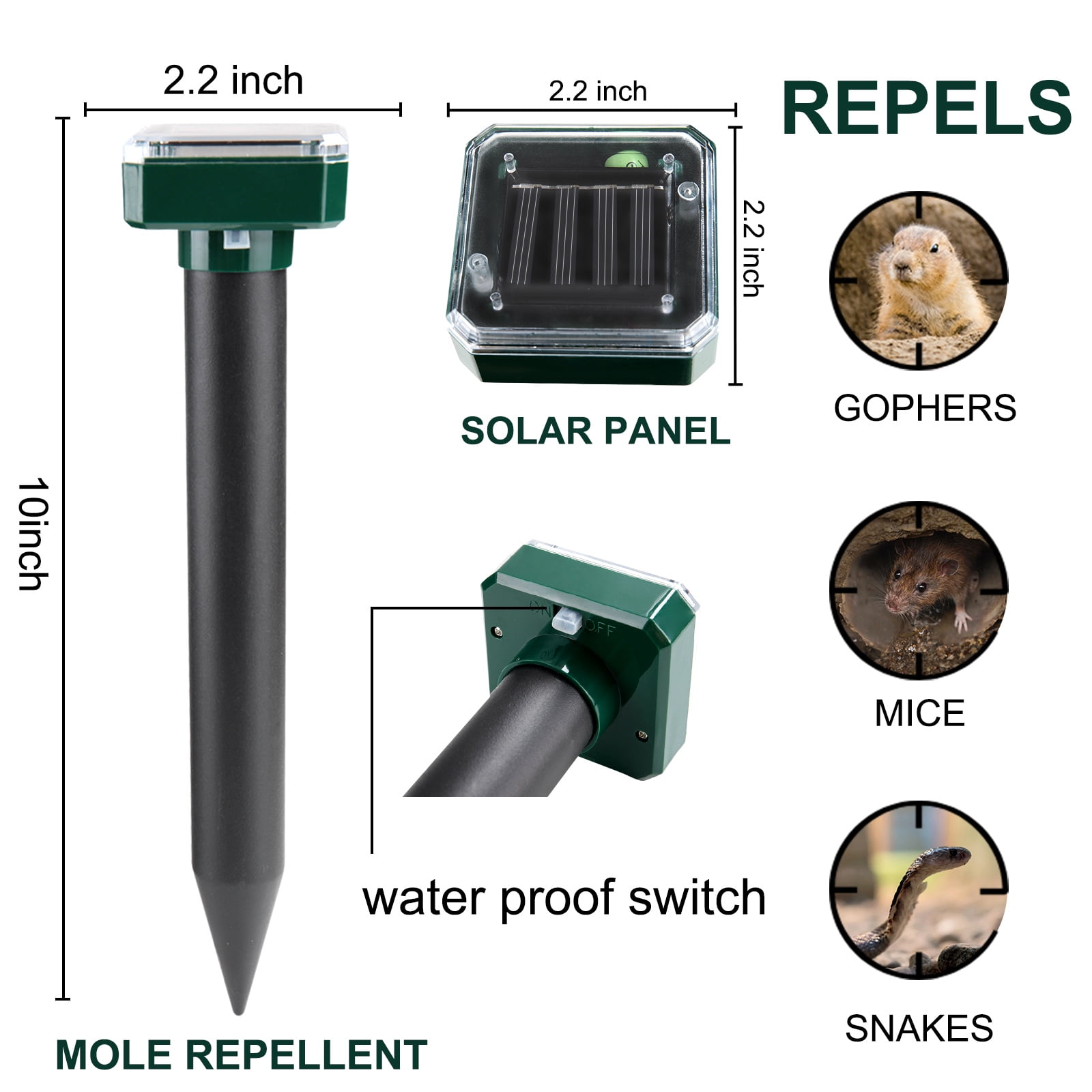 Humane Deterrent Repels Moles from Garden Areas Solar Mole Spike Pack of 2 Works Day and Night Weather-Resistant 