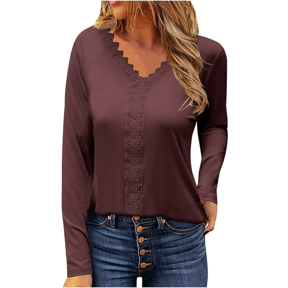 Women Elegant Lace Trim Tops Spring Casual Solid V-Neck Sexy Long Sleeve Pullover Blouse T-shirt Trendy Tops