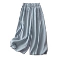 thumbnail image 4 of Women's Plus Size Cotton Linen Pants, High Waist Wide Leg Palazzo Pants, Elastic Waist Loose Fit Boho Trousers, Breezy Flowy Casual Pants for Women Spring and Summer Blue L, 4 of 4