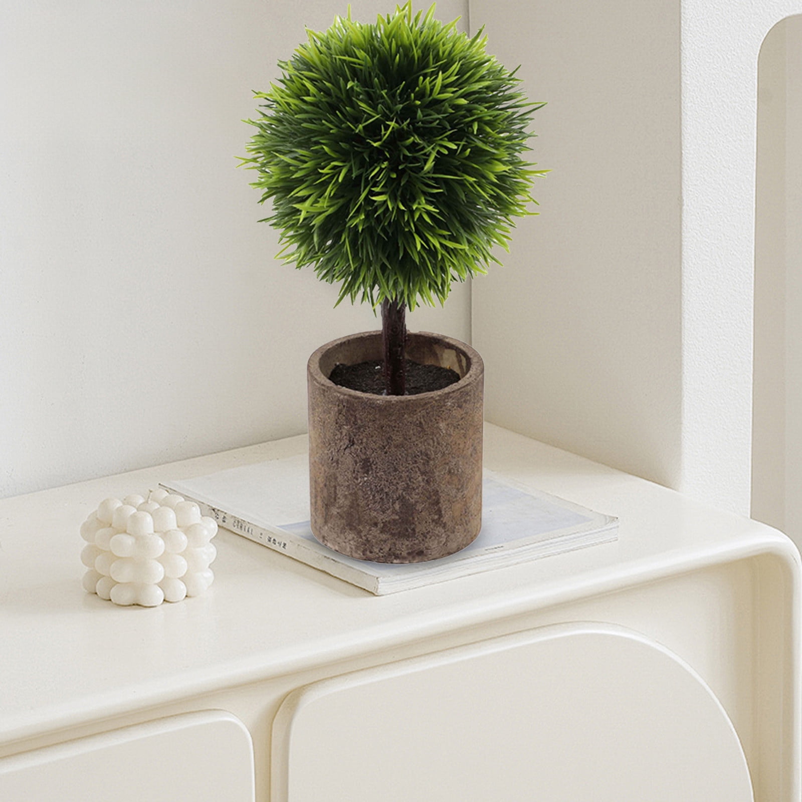 RuiJiao Artificial Green Grass Ball Potted, Fake Shrubs Ball Plant Decoration, Faux Small Boxwood Topiary, Home Office Desk Table Room