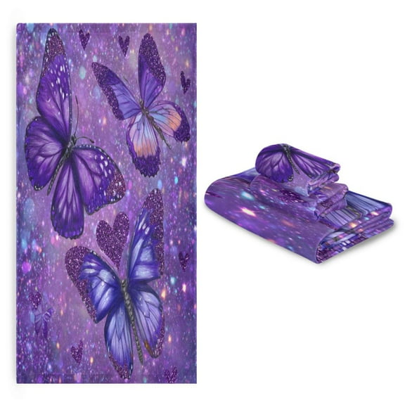 3 Sizes of Towel Sets Including Bath Towel Hand Towel and Washcloth for Daily Use Shimmering Purple Butterflies