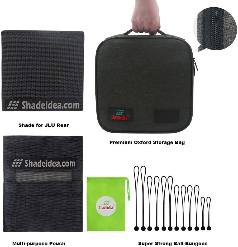 Shadeidea Jeep Wrangler Sunshade JL Unlimited (2018-Current) 4 Door Rear-Black Mesh Screen Sunshade JLU SAHARA RUBICON SPORT S MOAB Top Cover UV Blocker with Grab Bag-10 years Warranty