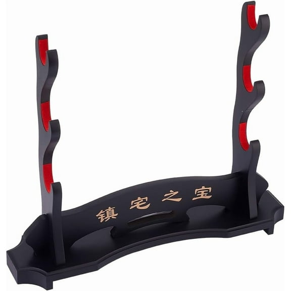 3-Tier Katana Holder with Red Edge Wood Katana Stand Wooden Rack Samurai Display Stand Black Display Stand with Chinese Character for Katana Wakizashi and Tanto Black