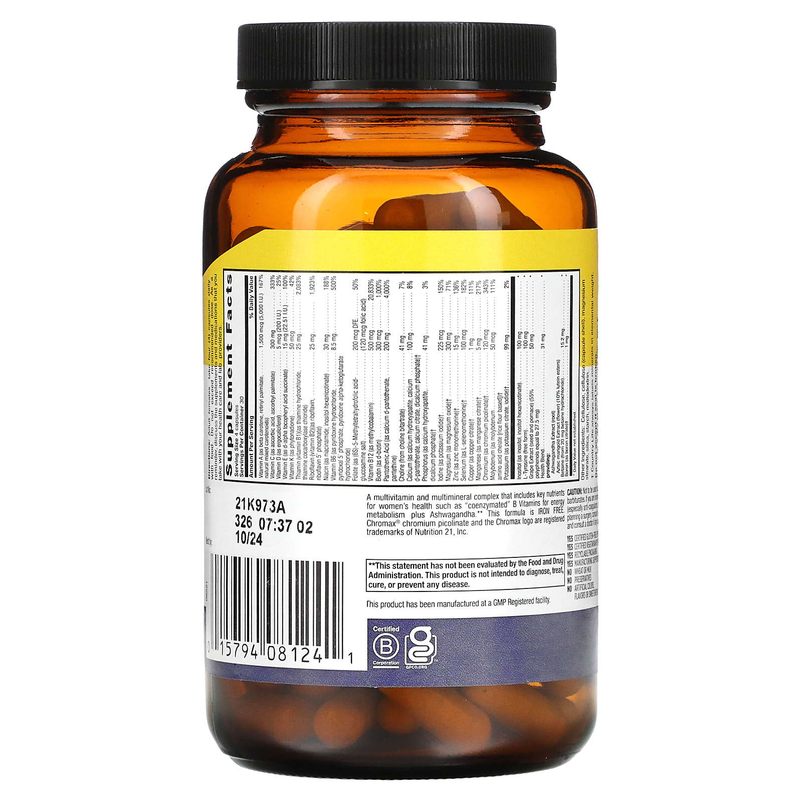 Max for Women, Multivitamin & Mineral Complex, Iron Free, 120 Vegetarian Capsules, Country Life