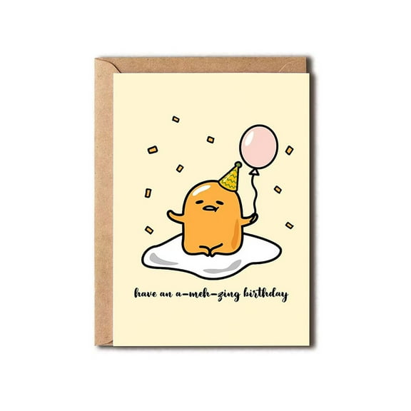 Cute Gudetama Birthday Card – "Have an A-Meh-Zing Birthday" – Blank Inside with Envelope Included – Fun Greeting Card for Friends and Family