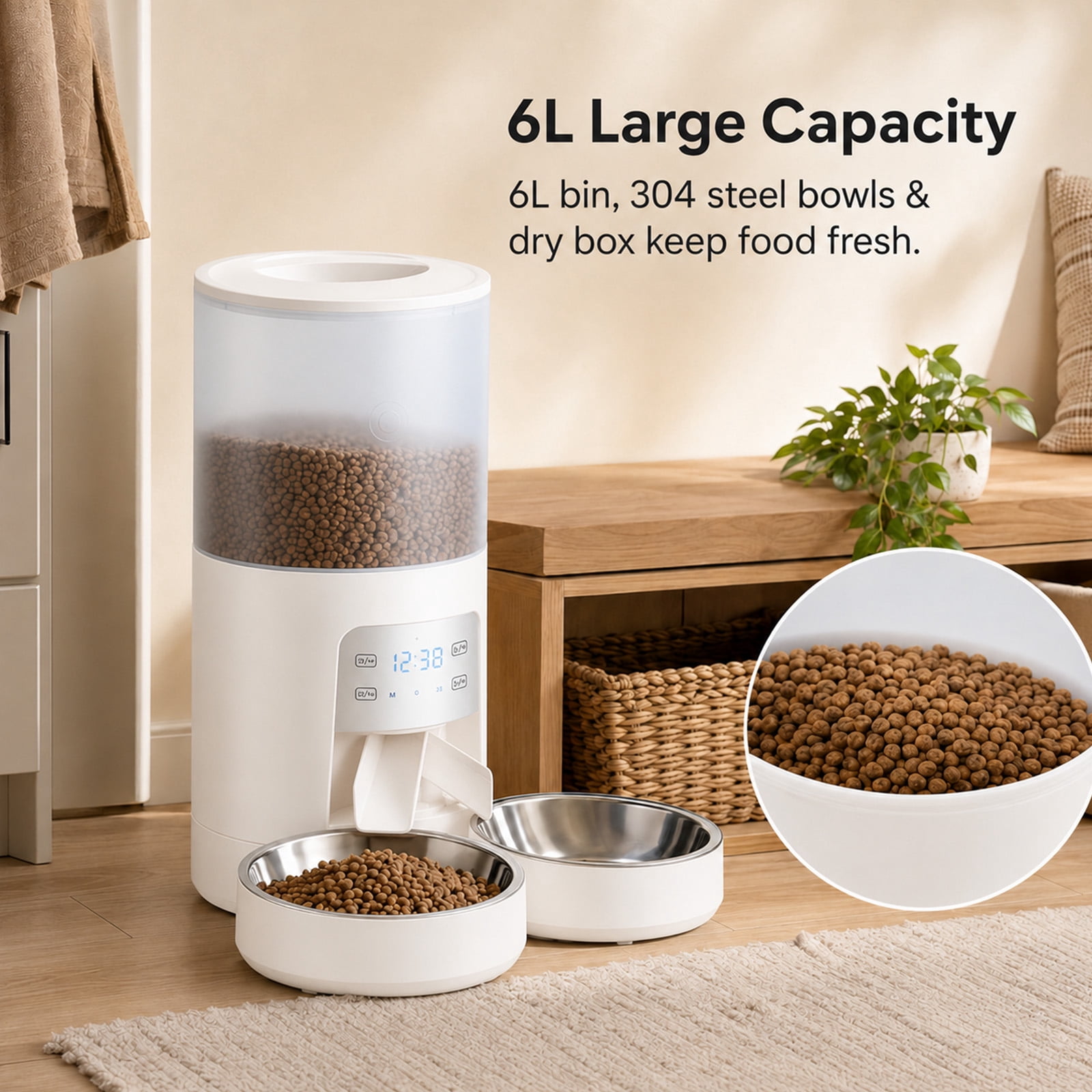 Alvantor 6L Automatic Cat Feeder, imed Cat Food Dispenser with 2 Stainless Bowls, Supply 10S Voice Recorder, Dual Power, Dual Pet Feeder for Cats and Dogs