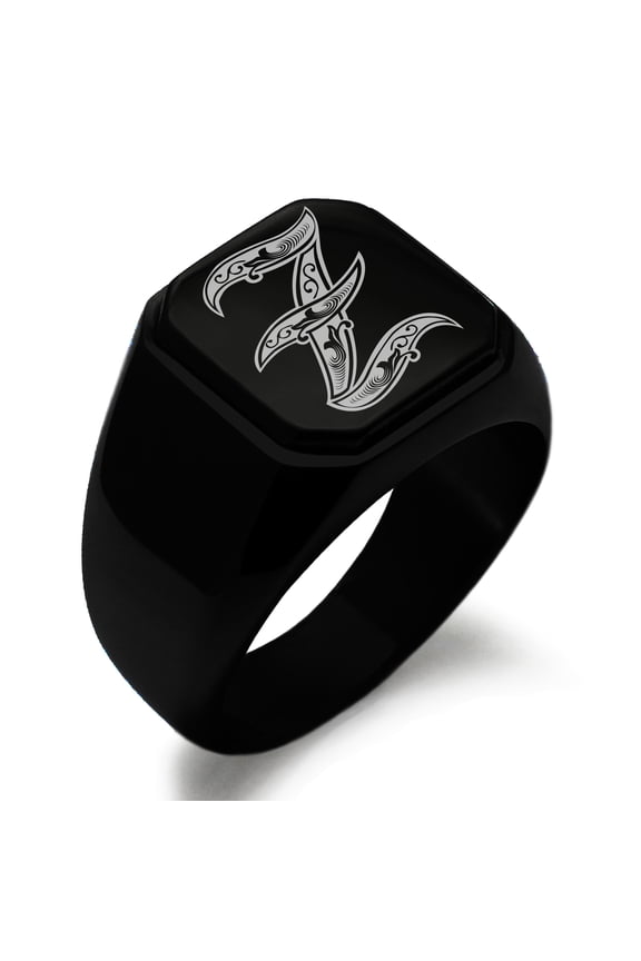 Stainless Steel Letter Z Initial Royal Monogram Engraved Engraved Square Flat Top Biker Style Polished Signet Ring