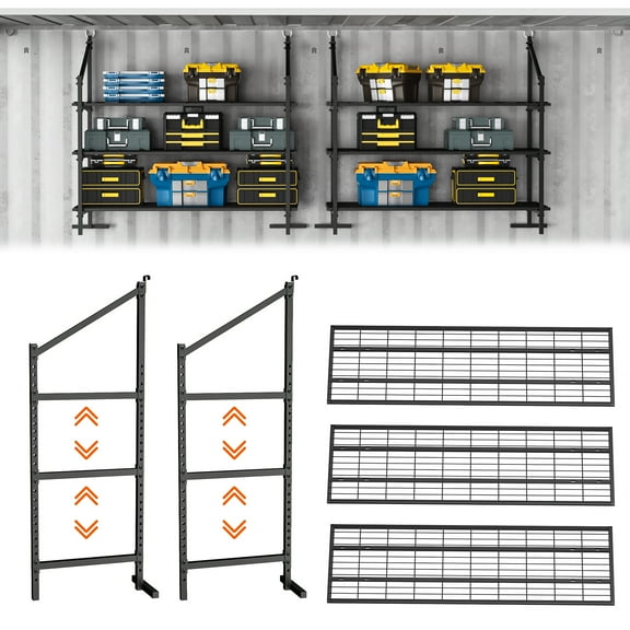 GIOTORENT Heavy Duty Shipping Container Shelving, 3-Tier Adjustable Wall-Mounted Steel Rack, 66.53" Wide with Multi-Hole Brackets, Black