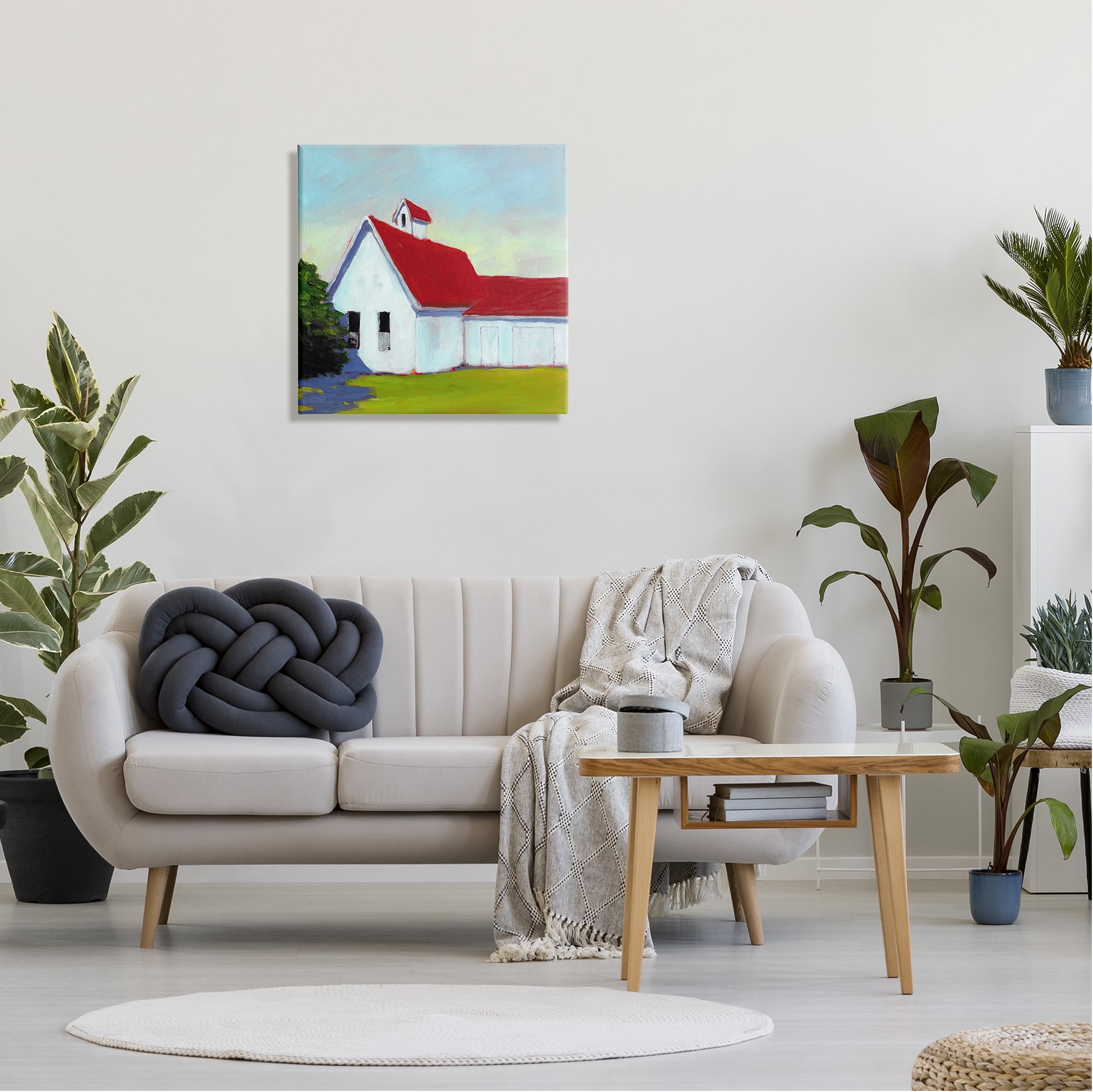 Stupell Industries Red & White Farm Cottage Travel & Places Painting Gallery Wrapped Canvas Art Print Wall Art, 24 x 24
