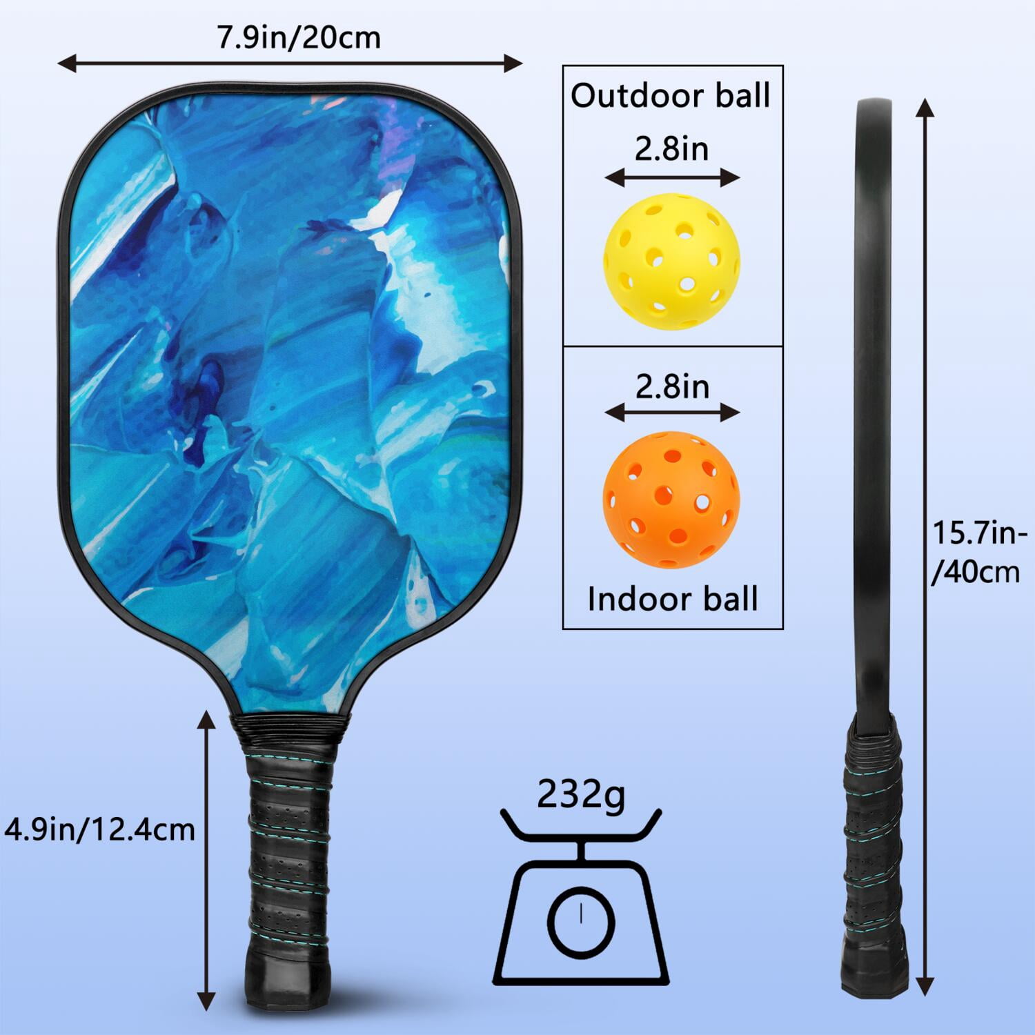 Pickleball Paddles Set Of 2, Fiberglass Surface, Ice Crystal Print, 4 Balls & Bag