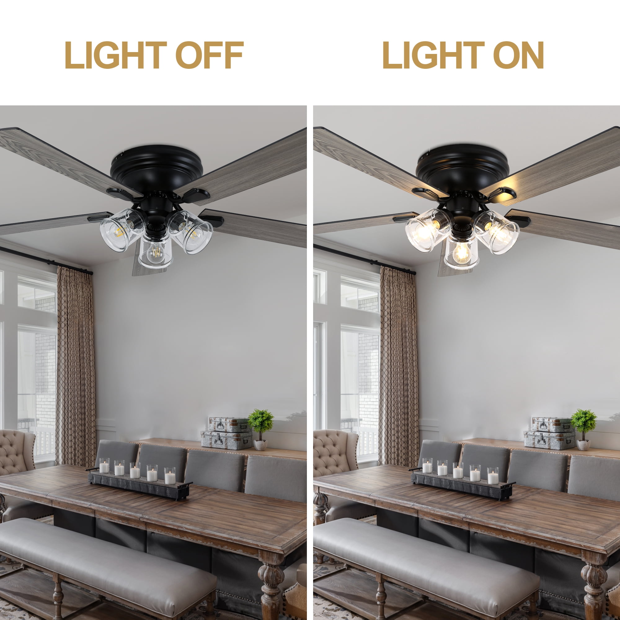 Chords Attic 52" Vintage 5-Blade Flush Mount Ceiling Fan with Lights and Remote Control, Rustic Farmhouse Ceiling Fan for Living Room, Dining Room,Bedroom