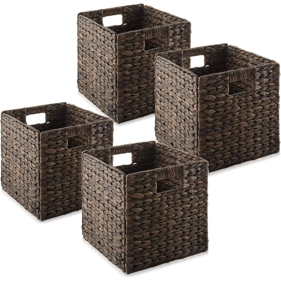 10.5" x 10.5" Water Hyacinth Storage Baskets, Espresso - Set of 4 Collapsible Cube Organizers, Woven Bins for Bathroom, Bedroom, Laundry, Pantry, Shelves