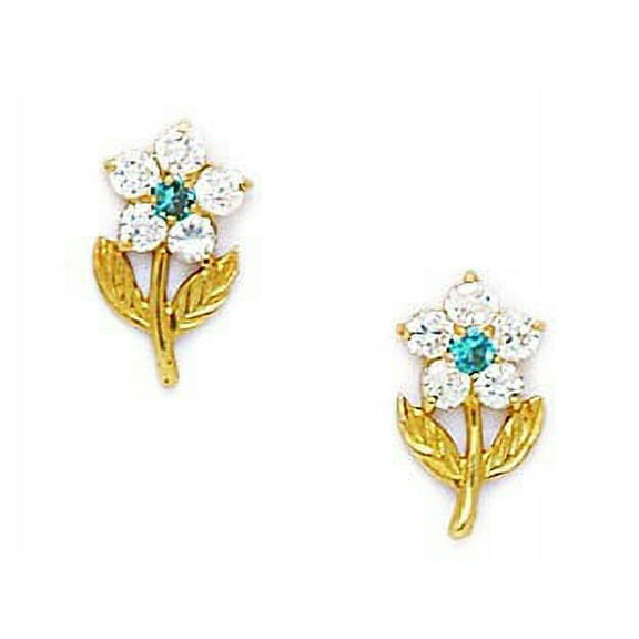 14k Yellow Gold December Blue CZ Flower Leaves Screw-Back Earrings - Measures 11x6mm