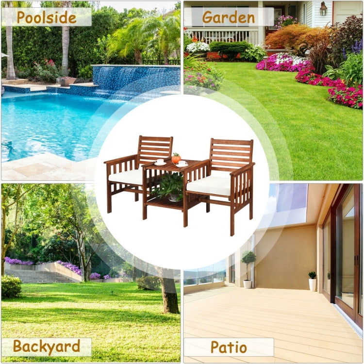 Aimee Lii 3 Pieces Patio Furniture Set, Outdoor Patio Table Chairs Set Acacia Wood Loveseat, White