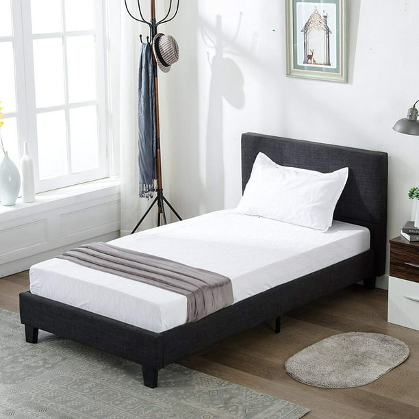 Mecor Upholstered Linen Twin Platform, Black Wood Twin Bed Frame With Headboard