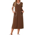 thumbnail image 2 of INSPIRE CHIC Women's V Neck Nightshirt Side Slit Nightgown Short Sleeve Long Sleepshirt with Pockets M Brown, 2 of 6