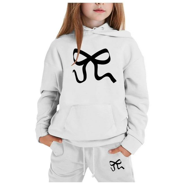 FhsagQ Outfits for Girls Children's Hoodie Set with Bow Print Girls Spring Outfits 5T Spring White 3-4Years