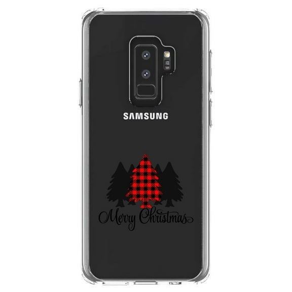 DistinctInk Clear Shockproof Hybrid Case for Samsung Galaxy S9  PLUS (6.2" Screen) - TPU Bumper Acrylic Back Tempered Glass Screen Protector - Merry Christmas Plaid Tree