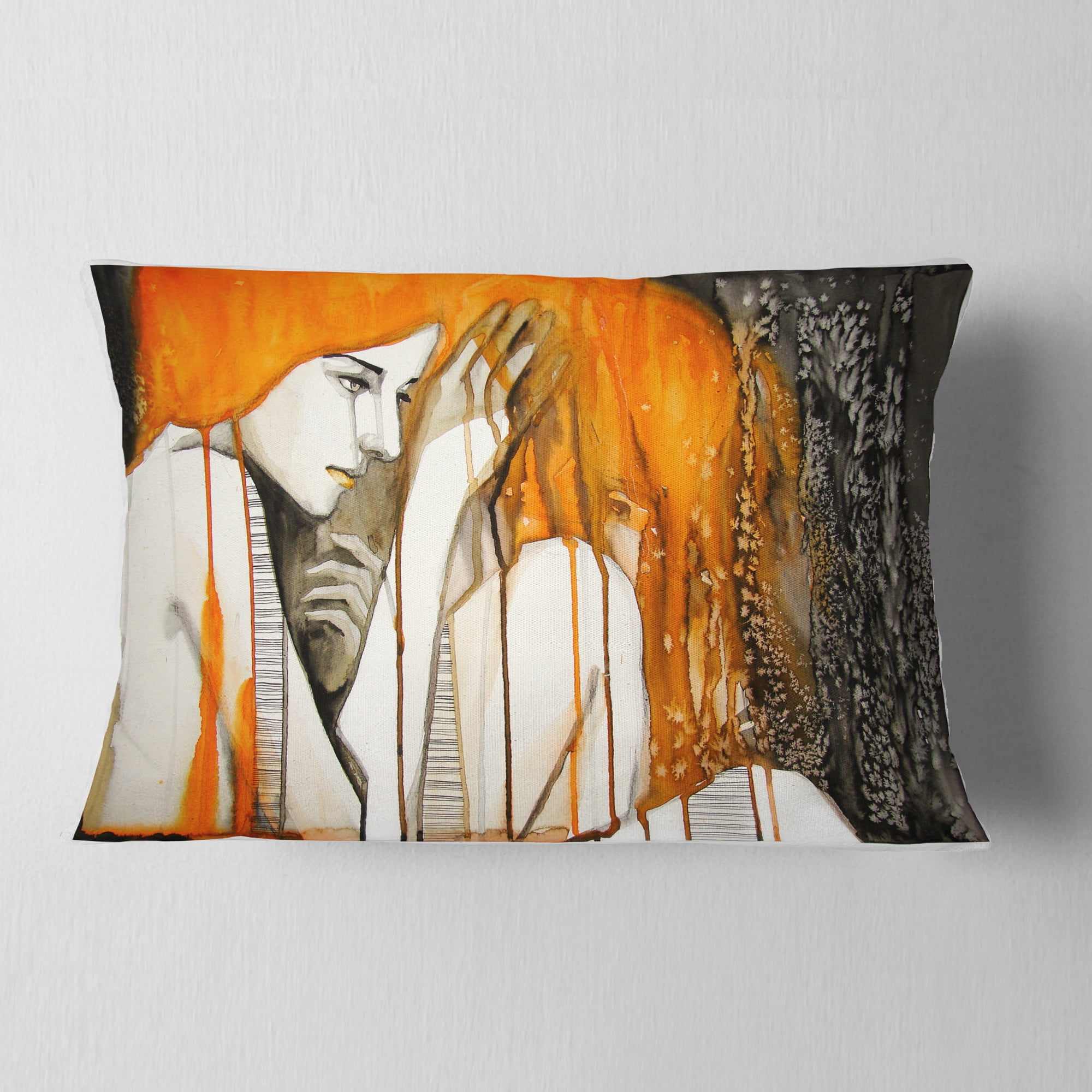 Designart Thoughtful Girl Illustration - Portrait Throw Pillow - 12x20