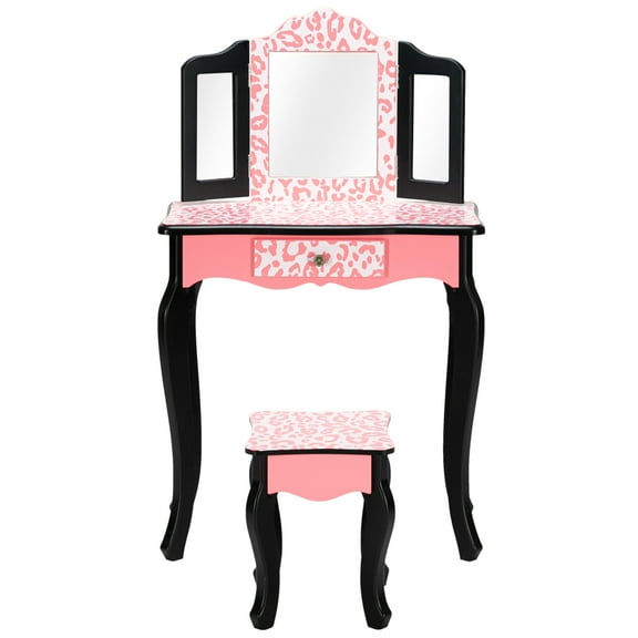 JOYMOR Kids Wooden Vanity Set Makeup Desk W/ Tri-Fold Mirror Chair Drawer