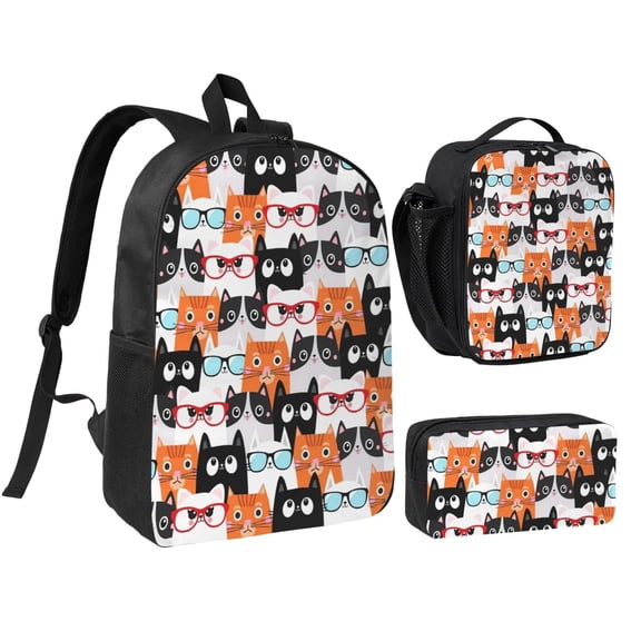 Cute Cat Backpack Set 3pc ,Backpack with Lunch Bag and Bag 17 Inch