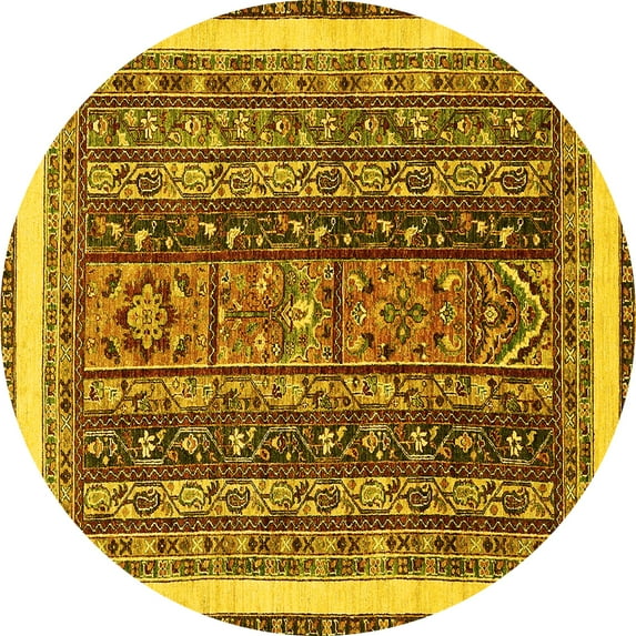 Ahgly Company Machine Washable Indoor Round Abstract Yellow Modern Area Rugs, 5' Round