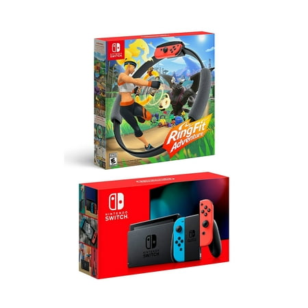 New Nintendo Switch Red/Blue Joy-Con Console Bundle with Ring Fit Adventure Set: Game, Ring-Con and Leg Strap - Best Fitness (Best Selling Game Console)