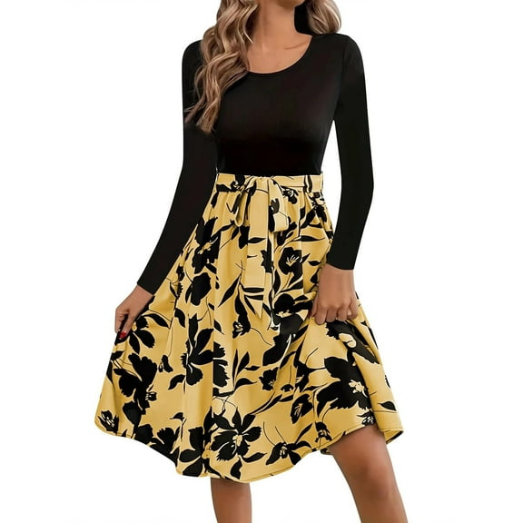 IROINNID Long Sleeve Dress for Women Mid-Length A-Line Dress Round-Neck Print Patchwork Knee-Length Dress,Yellow