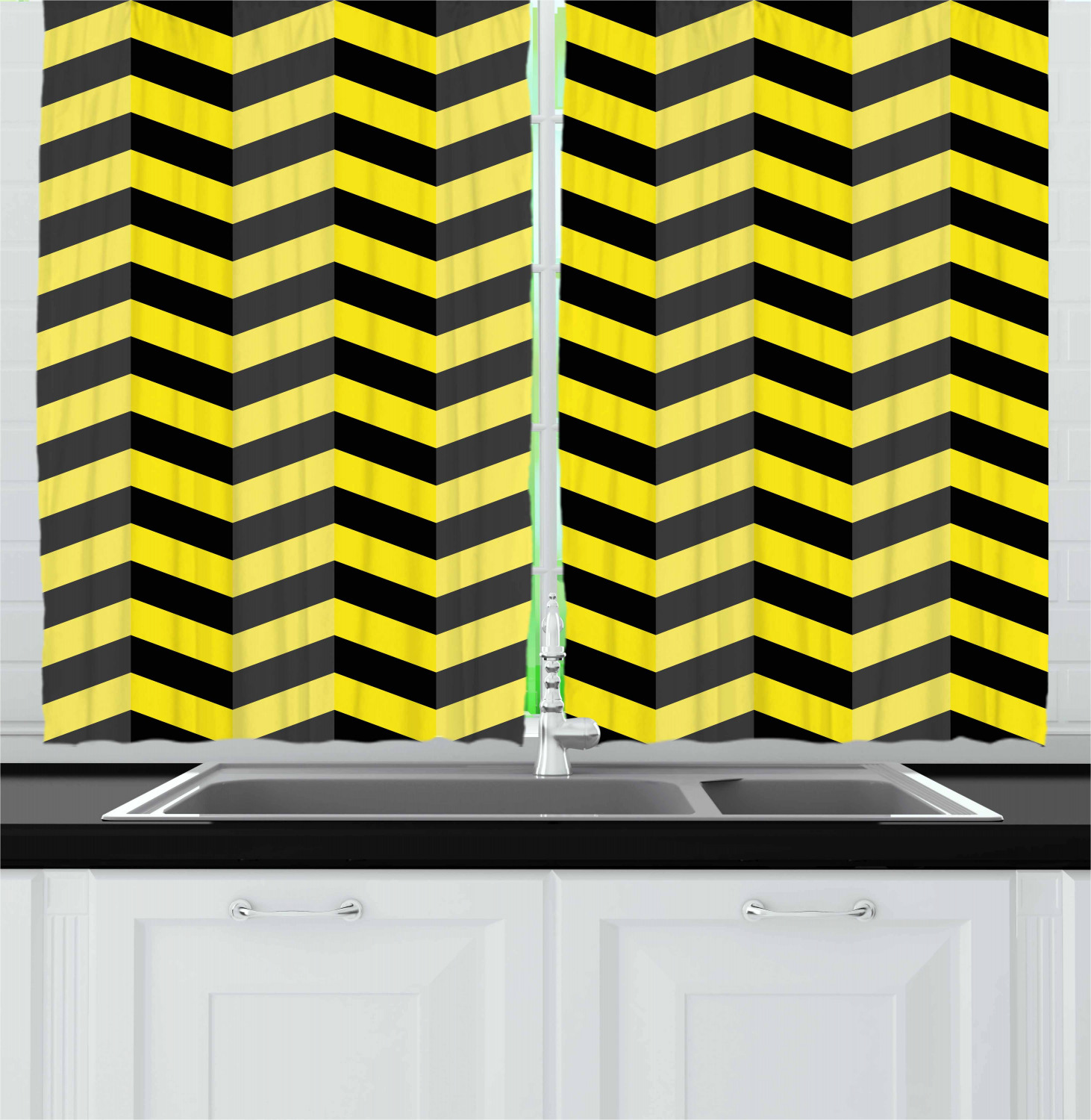 Yellow Chevron Curtains 2 Panels Set, Black and Yellow Chevron Pattern