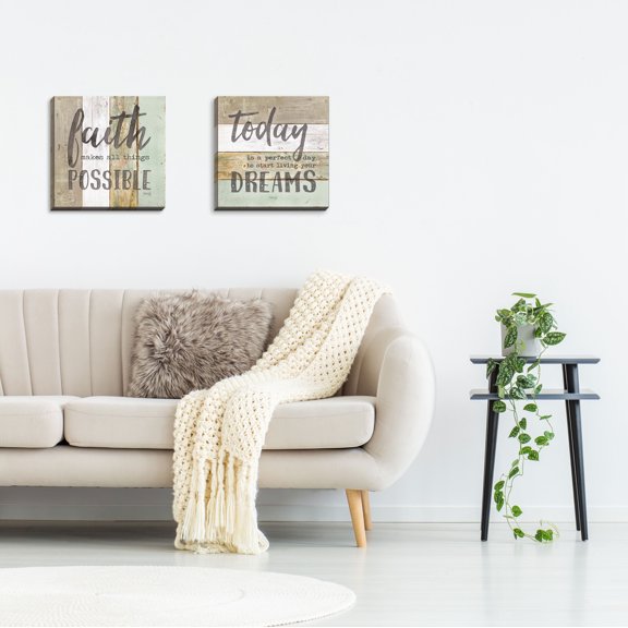 Gango Home Decor Contemporary Live Your Dreams & Faith Makes All Things Possible; Two 12x12in Hand-Stretched Canvases