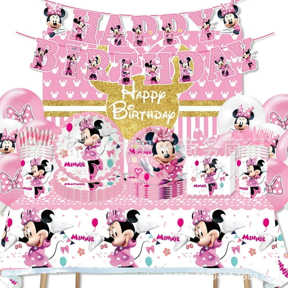 Minnie Theme Party Decorations, Fiesta Party Decorations with Balloons, Decoraciones Backdrop, Cartoon Theme Tablecloth, Birthday Banners, Plates and Napkins Set