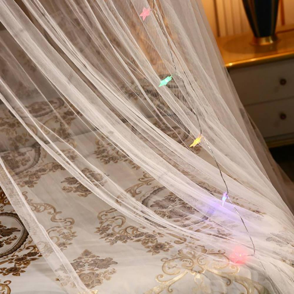Bed Canopy, Bed Curtain for King Size, Canopy Bed Curtains Round Lace Dome, Bedroom Indoor Outdoor Decor for Girls Boys Adults, with String Lights, White