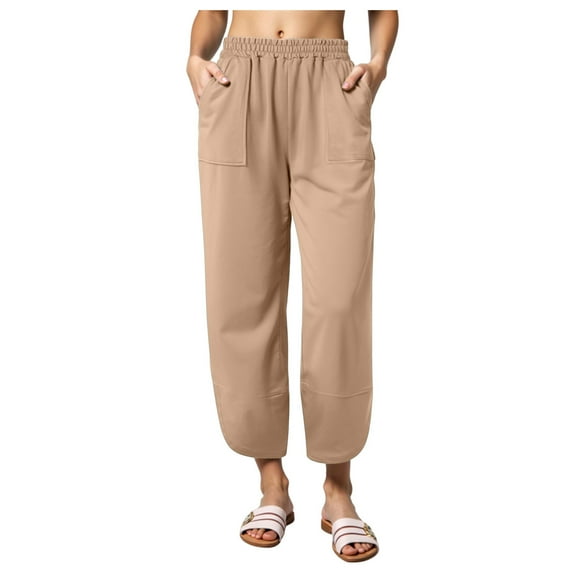 UngA Womens Cargo Sweatpants Casual Pockets Cotton Linen Solid Drawstring Elastic Waist Long Straight Pants for Women Work Casual Khaki,L