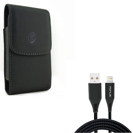 Black Leather Case Side Cover Pouch w Braided USB Cable 10ft Long Charger Power Cord L4M Compatible With iPhone XS X 8 7 6S 6 11 Pro