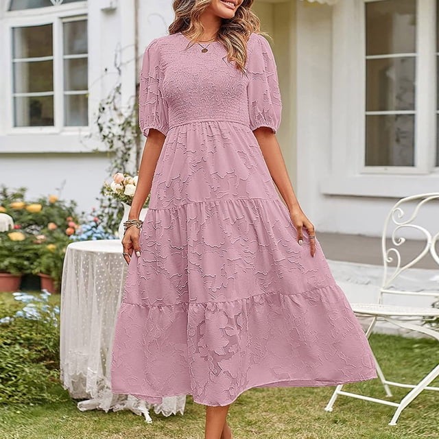 IDALL Robes d'Été, Robes Maxi Été 2023 Col Rond Plissé Manches Bouffantes Robe Florale Superposée Longues Robes Mode, Robes Femmes Robe Violette L