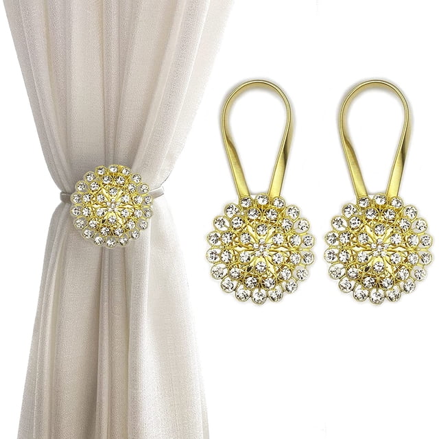 Alzapaños magnéticos para cortina, paquete de 2, alzapaños para cortina de flores de cristal brillante con alambre de resorte de alta elasticidad para decoración de hogar y oficina JFHHH pequeña