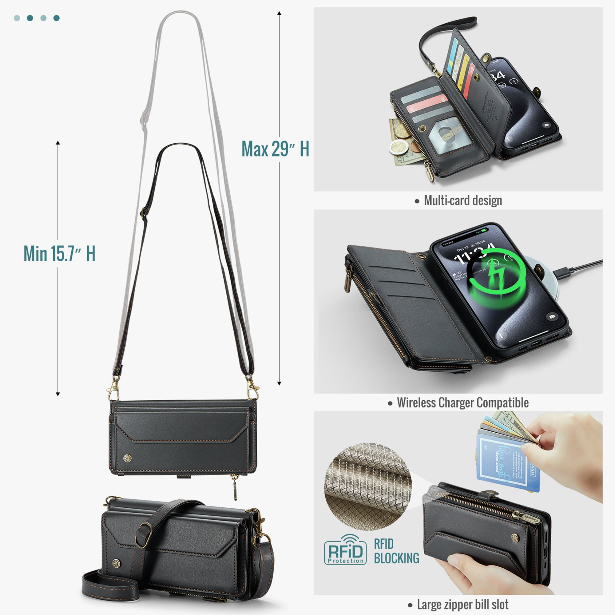 Dteck Crossbody Wallet Case for iPhone 16 RFID Blocking 10-Card Holder Soft PU Leather Magnetic Snap Shoulder Strap Zipper Pocket Phone Case Fit for iPhone 16,Black