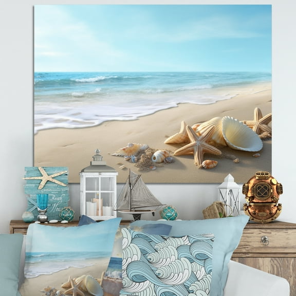 Designart "Starfish And Seashells IV" Modern Landscape Beach Canvas Wall Art