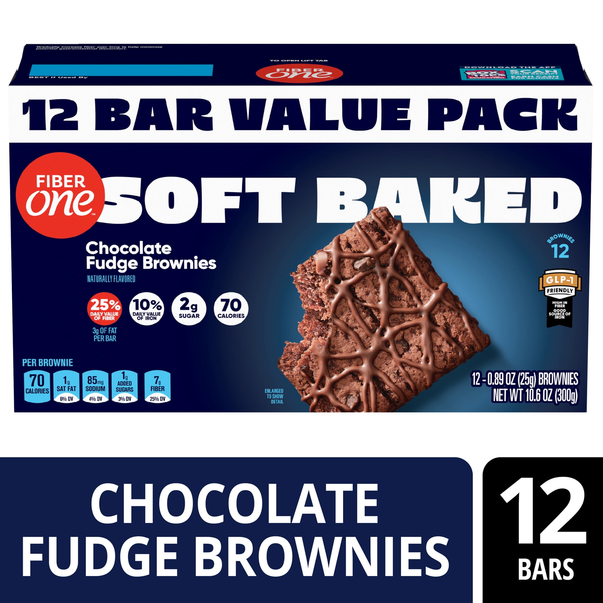 Fiber One Soft Baked Chocolate Fudge Brownies, Fiber Snacks, Value Pack, 12 Ct, 10.6 oz