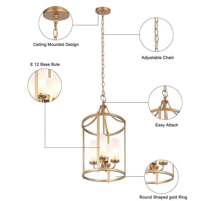 LNC 4-Light Matte Gold and Frosted Glass Modern/contemporary Frosted glass Cage Lantern Small Hanging Pendant Light