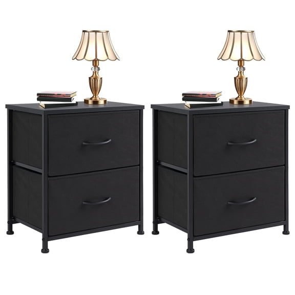 2-Pack Black Bedside Tables, Nightstands with Fabric Drawers & Wood Top, Compact Storage for Dorm and Small Rooms