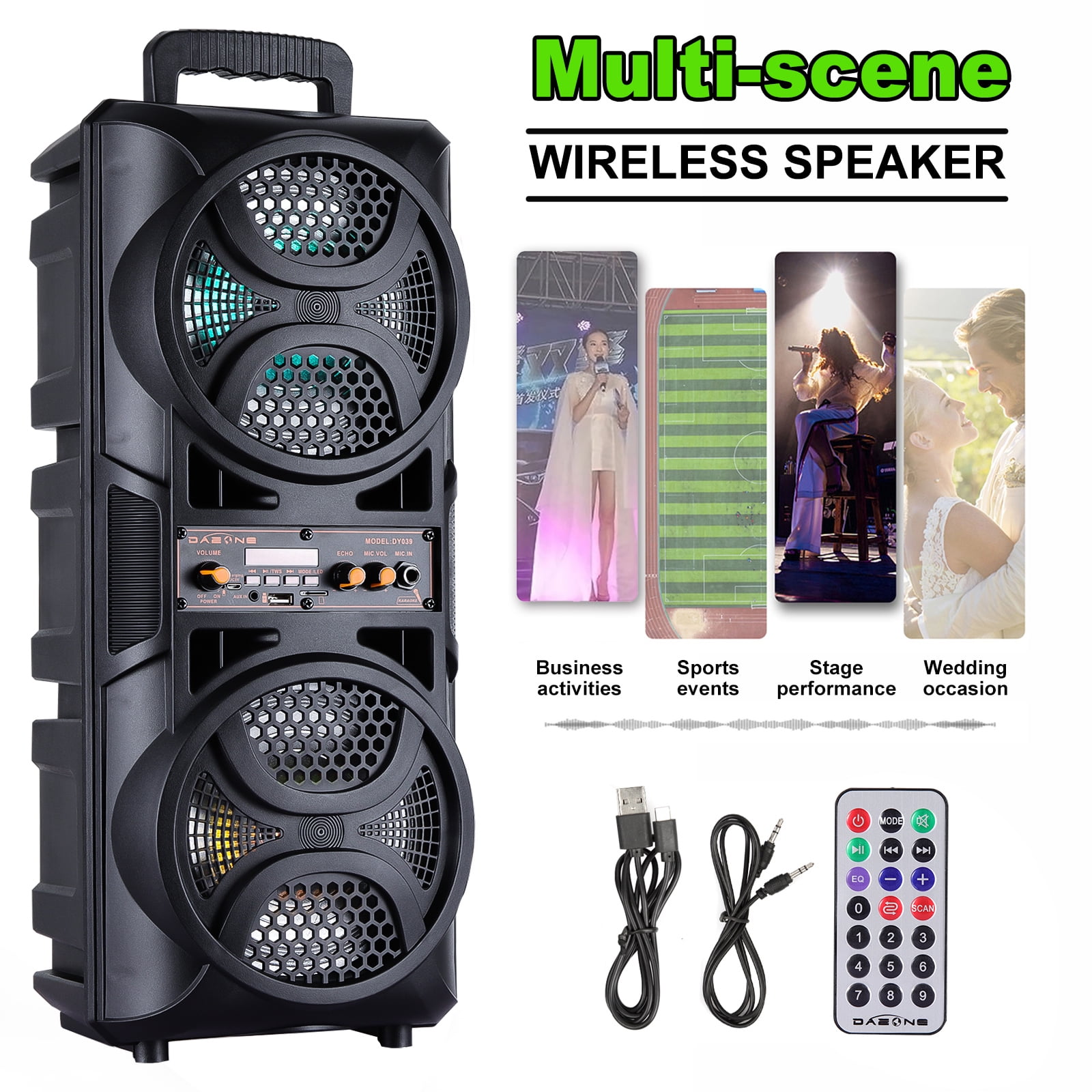 CURUK Dual 6.5" Subwoofer Portable Bluetooth Speaker, Loud Wireless Party Speaker with Heavy Bass, LED Lights, FM Radio & Remote, for Home, Outdoor & Travel