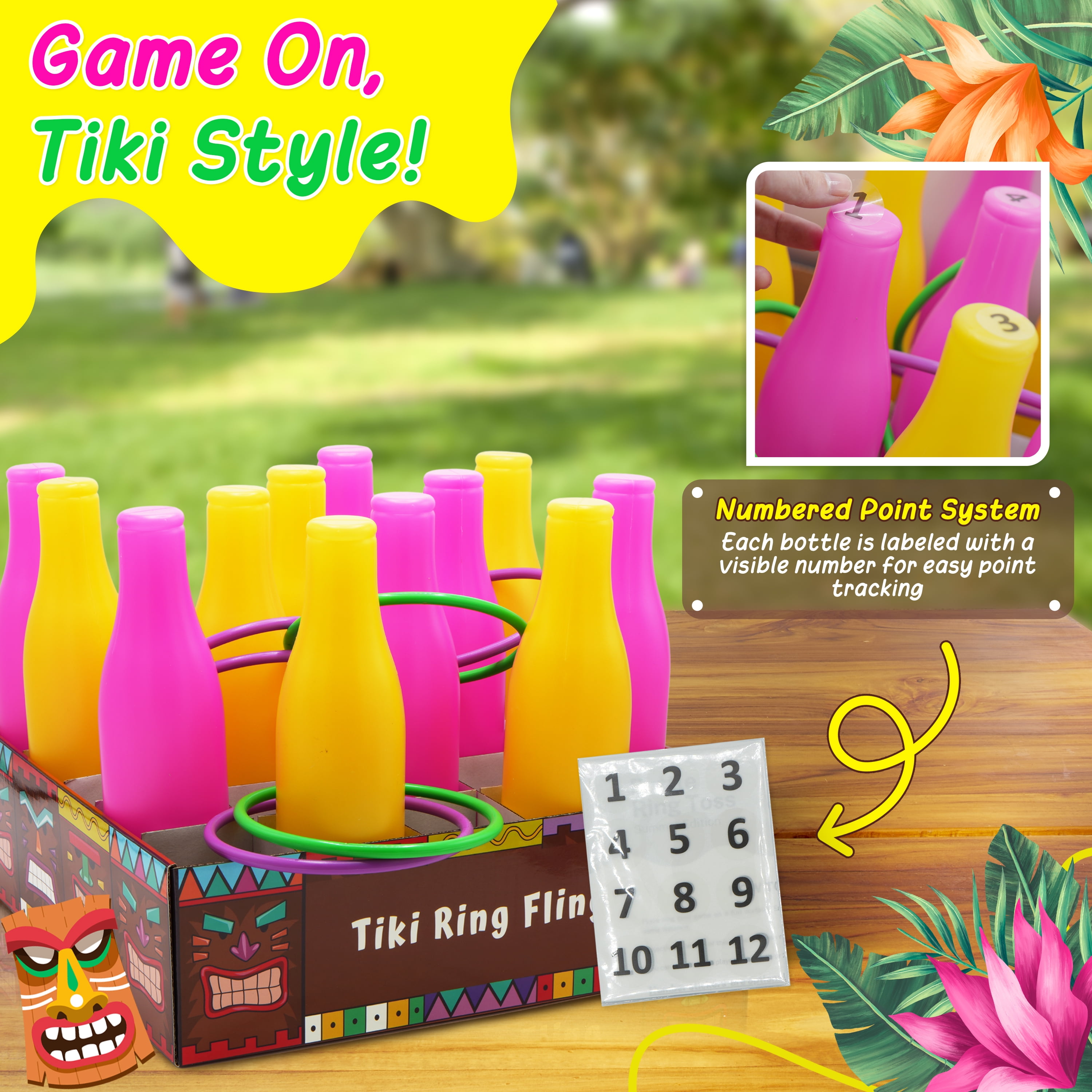 4E's Novelty Tiki Bottle Ring Toss Game Set, 12 Colorful Bottles, Luau Party Games